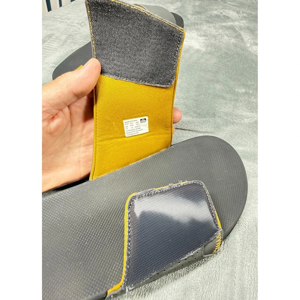 Reef Fanning Slide Sandals Mens 12 Gray Yellow Bottle Opener Slides